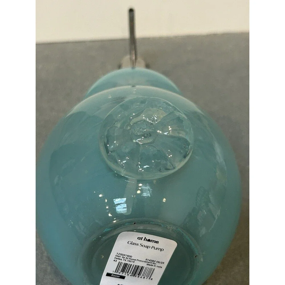 At Home Blue Bunny Glass Soap Dispenser with Polished Metal Pump
